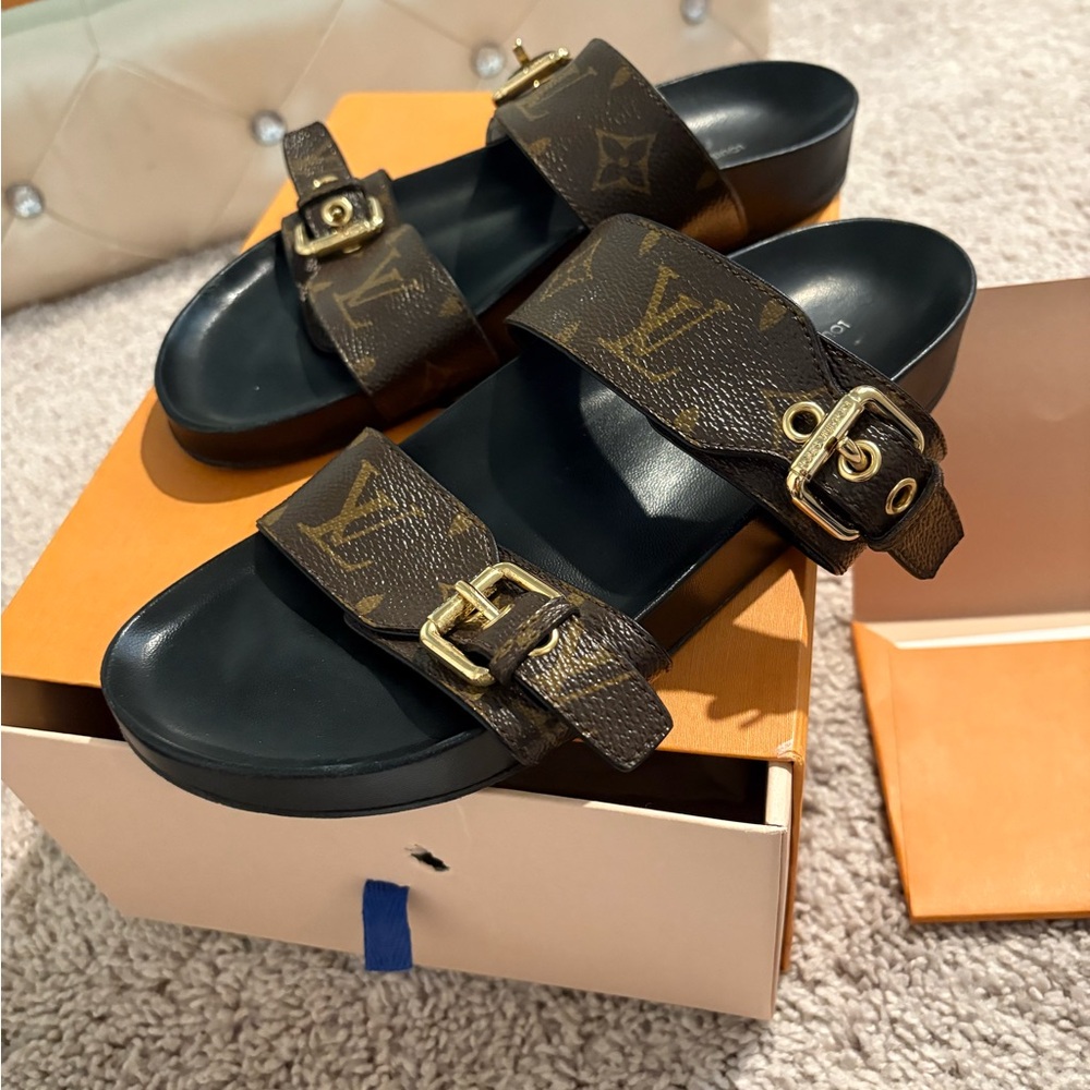 Louis Vuitton Brown Monogram Slide Sandals with Gold Buckles